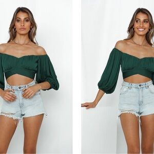 Edite Mode  Green Satin Off-Shoulder Top with Tie Waist